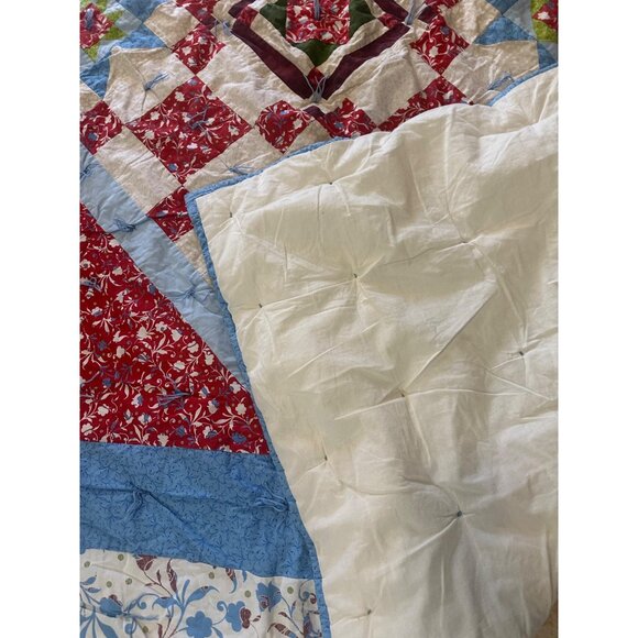 Vintage-Style Handmade Patchwork Quilt 82”x72” – Cozy Farmhouse Shabby Chic Red - Picture 5 of 10